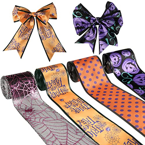 AIEX 4 Rollen 5,5m Halloween Wired Band, 6,4cm x 5,5m Spinnennetz Kürbisband Halloween Ribbon Halloween Deko Basteln zum Basteln Heimwerken Kränze Festival Dekorationen (Lila, Orange)