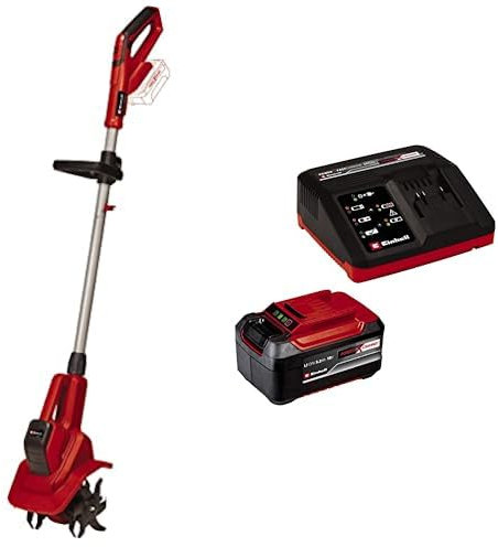 Einhell Motoazada con batería, 18 V, Iones de Li, regulación de Velocidad, Cuchilla escarificadora, Agarre Adicional, Color Rojo/Negro+ Starter Kit 5,2Ah