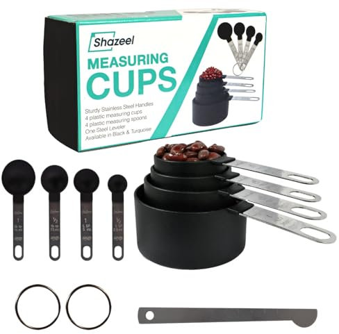 9 Pcs Measuring Cups and Spoons Set - Plastic 4 Measuring Cups and 4 Measuring Spoons with Non-Bendable Stainless Steel Handles & 1 leveller - Cups Measurement Set for Liquids and Solids - Black