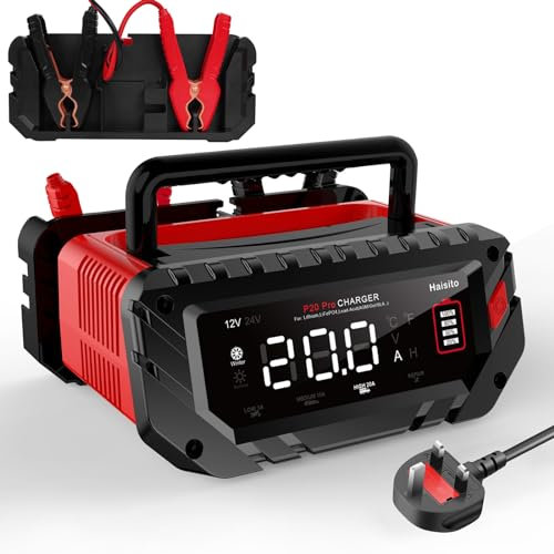 20-Amp LiFePO4 Battery Charger,Lithium,Lifepo4,Lead-Acid(AGM/Gel/SLA..)12V and 24V Car Smart Battery Charger,Trickle Charger, Portable Battery Desulfator For Car,Boat,Motorcycle,Lawn Mower (P20 PRO)