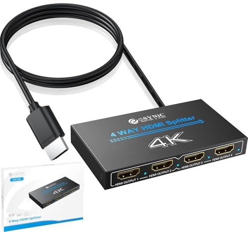 eSynic HDMI Splitter 1 In 4 Out 4K@30HZ 3D con 1m Cavo HDMI 4 Vie Splitter HDMI Supporta HDCP 1.4 Bypass 1X4 Sdoppiatore con Involucro in Metallo per Fire Stick Console Blu-ray