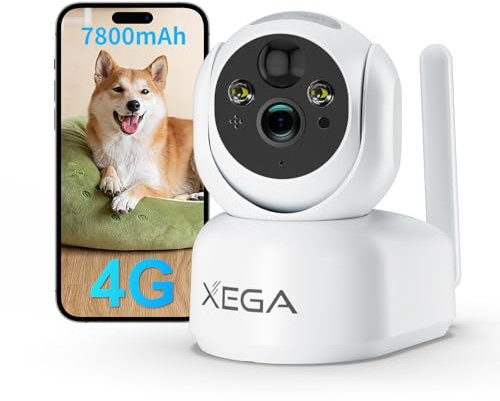 Xega 4G CCTV Indoor Security Camera Wireless-7800mAh Battery, 2K Super HD PTZ Camera with SIM Card, No WiFi, PIR Motion Detection, Color Night Vision, Cloud & TF Card Storage, IP65
