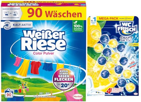 Weißer Riese Color Pulver (90 Waschladungen), Colorwaschmittel wirkt riesig stark gegen Flecken, Kalt-Aktiv schon ab 20° C + WC Frisch Kraft Aktiv Duftspüler Lemon (1x200g)
