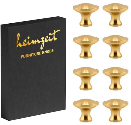 heimzeit Möbelknöpfe Nova 8 Stück aus hochwertigem Aluminium in Gold | Schrankknöpfe Rund für Türen, Schubladen und Kommoden, Stilvolles Design, mit Einlochgriff und Schrauben