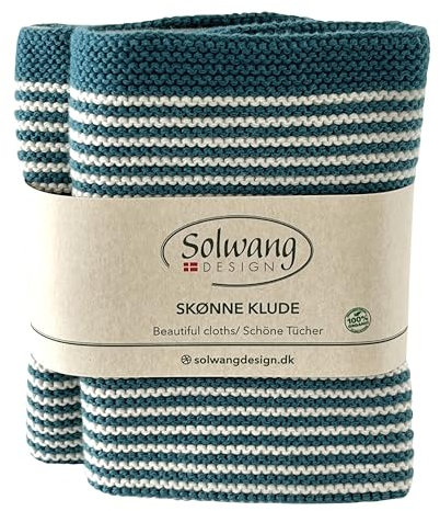 Solwang 2-Pack Striped 100% Certified Organic Cotton Danish Washcloths/Dishcloths in Garter Stitch - Made in India 10 Square (2-Pk Nature/Azure Organic)