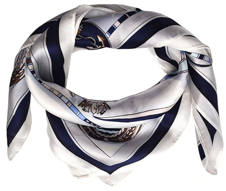 SeaBright Damen Seidentuch Tuch Nickituch Halstuch Bandana 100% Seide Satin 13 Momme Quadratisch 53X53 cm TC-S-BH-2405-53-1 Maritim Seegelschiff Segelboot Anker Steuerrad Weiß Blau