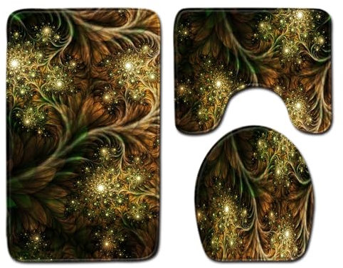 Bad Teppiche Set 3-Teiliges Braun Gelb Abstract WC Vorleger Mit Ausschnitt Badematte Saugfähig WC Deckelbezug Badvorleger rutschfest Waschbar Toilettensitzbezug Badgarnitur (50x80cm)