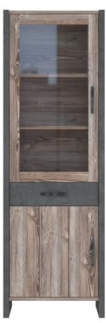 möbelando Stauraumvitrine >Note< Die Glasvitrine Note in Betonoptik Dunkelgrau/Picea Kiefer misst 67,7x205,4x43,1 cm, bietet 5 Fächer, 1 Schublade und 1 Glastür für stilvolle Aufbewahrung.