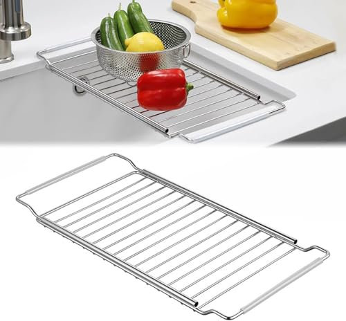 Pasdrucn Seiher Sieb Für Spülbecken Ausziehbar(40-65cm), Abtropfgestell Geschirr, Obstsieb Küchensieb, Spülbecken Sieb, Metall Abtropfsieb Waschbecken, Abtropfsieb Spülbecken Für Küche (L)