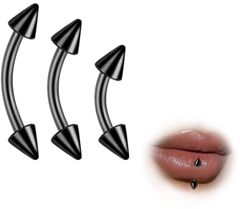 ESHIONER G23 Titanio Ceja Piercing Joyería Rook Vertical Labret Barra Labial Tragus Labret Daith Anillo de la ceja Ojos de serpiente Piercing Cono Bola de Negro 6mm 8mm 10mm 16g Banana 3 Piezas
