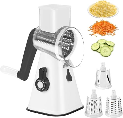 ELKSTER Rotary Cheese Grater 3 in 1, Vegetable Slicer with 3 Stainless Steel Rotating Blades, Handheld Vegetable Chopper, Cheese Shredder with Strong Suction Base, Ideal for Cheese, Cucumber, Carrot