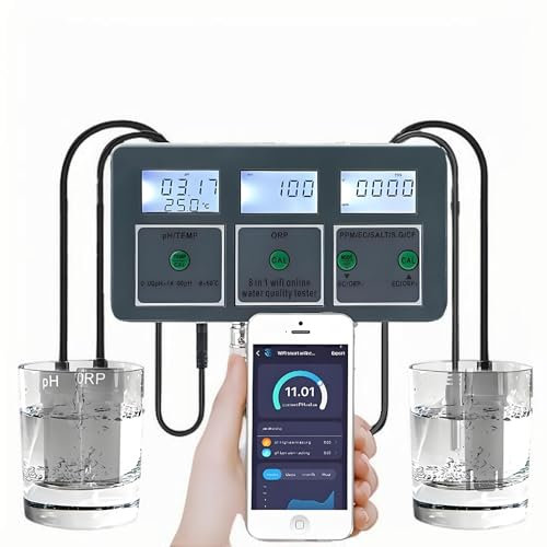 oiakus Testeur de qualité d'eau Intelligent, WiFi Pool Monitor 8 en 1, PH CF TDS Salt S.G. EC ORP Analyser pour Aquariums, spas de nage, hydroponie, Natation