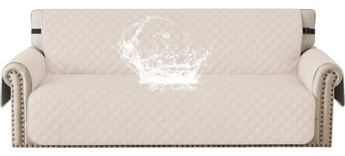YSTELLAA 100% Wasserdicht Sofa Überzug 3 Sitzer, Sofabezug rutschfest, Gesteppte Sofaüberzug Mit Seitentaschen, Couchschoner, Couch Überzug Kratzfest Für Haustiere Hunde Katzen, Beige