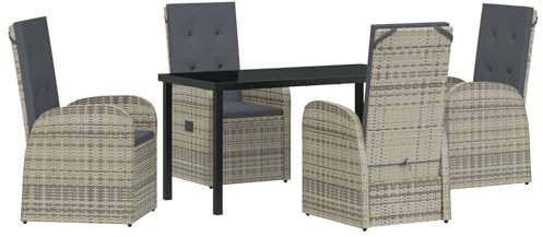 vidaXL 5-teiliges Garten-Esszimmer Set mit Kissen in Grau aus Poly-Rattan, für 4 Personen, mit Armlehnen und Tisch. Perfekte Gartenmöbel für Terrasse, Sitzgruppe, Sofa, Lounge oder Liege.
