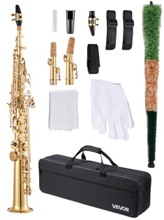 VEVOR Straight Soprano Saxophone, B Flat, Brass Saxophone Beginner Kit with Carrying Case, Mouthpiece, Cleaning Cloth Rod, Gloves, Neck Strap, 23 Keys Soprano Sax Kit, for Beginners Students, Gold
