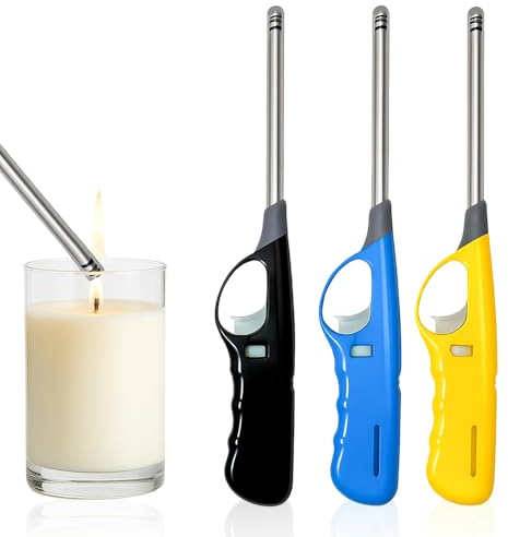 BML 3 x Candle Lighter Long reach Adjustable Flame Safety Lock Windproof Refillable Lighter For Kitchen BBQ Candles Camping Gas Stove Cooking and Outdoor Cooking (Assorted Colours)