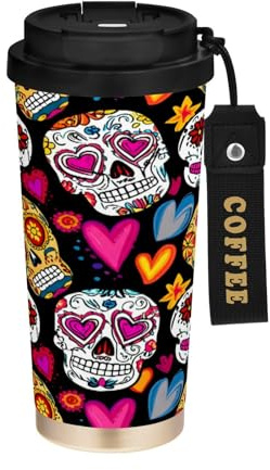 JUMBEAR Taza de viaje con aislamiento al vacío de Dead Sugar Skulls, tazas de café reutilizables de viaje, taza de café de acero inoxidable de doble pared a prueba de fugas con tapa para bebidas frías