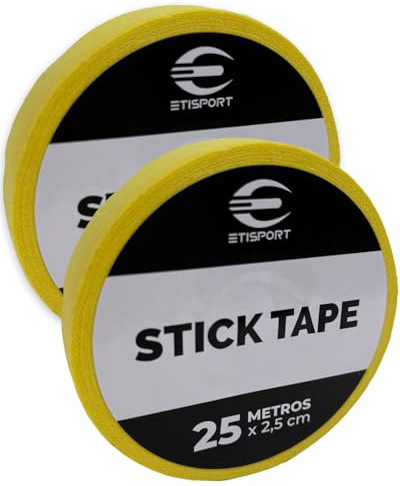 ETISPORT Pack 2 Tape Amarillo Antideslizante 25 m x 2,5 cm. Grip Profesional para Stick de Hockey Patines, Hockey Hielo, Golf, Raquetas. Algodón/Poliéster con Adhesivo de Caucho Natural