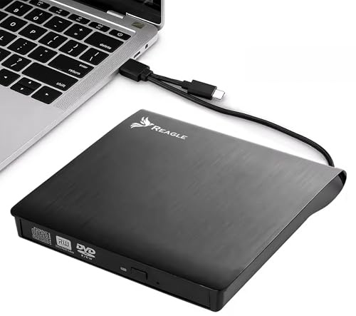 Reagle Unidad externa de CD/DVD USB-C y USB-A 2 en 1 grabadora y lector externo para ordenador portátil Windows Linux Plug & Play USB 3.2 Gen 1 5 Gbps Slim Design Negro