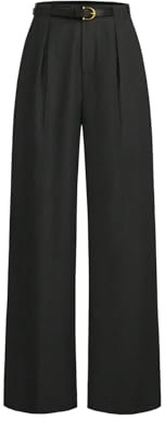 GORGLITTER Women's Plicated Straight Leg Trousers Mid Rise Belted Elegant Work Office Business Pants Black Large