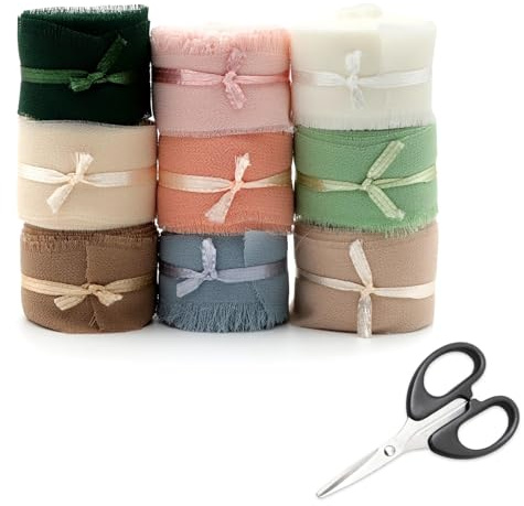 WOKICOR Cinta de regalo de gasa de 9 colores, 4 cm x 5 m, cinta de seda, cinta con flecos, cintas de gasa para invitaciones de boda y ramos de novia