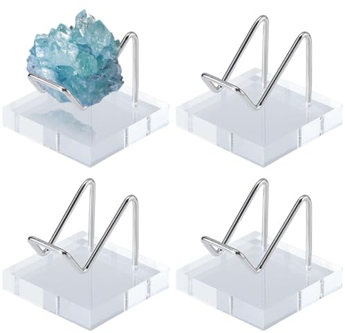 DICOSMETIC 4 supporti in cristallo con braccio in metallo, in acrilico e acciaio inox, con basi chiare per pietre preziose, agate, minerali, immagini decorative