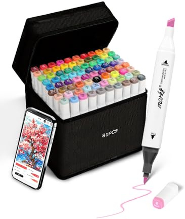 Brled Lot de 80 marqueurs à alcool avec application gratuite, marqueurs à pointe biseautée et pointe fine pour adultes, marqueurs à base d'alcool pour artistes, marqueurs d'art pour peinture