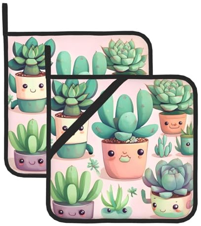 WHJSHOP Lovely Succulent Plants Pattern Square Insulated Pot Mat 2 Pieces Featuring a Convenient Side Hanging Rope for Easy Storage