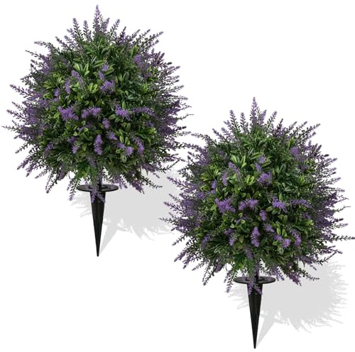 GOVIRAYE 2 künstliche Lavendel-Sträucher mit Erdspießen (60 cm) - UV-beständig & Winterfest für Garten, Balkon, Terrasse, Hauseingang und Innendekoration