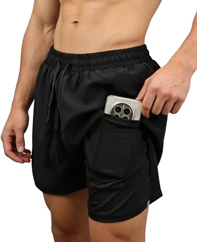 ZHAOCAI Mens Running Shorts,2 in 1 Gym Men Shorts with Liner and Phone Pocket, Men's Training Short UK for Rugby Workout Sports Exercise Football Tennis Jogger (UK, Alpha, L, Regular, Regular) Black