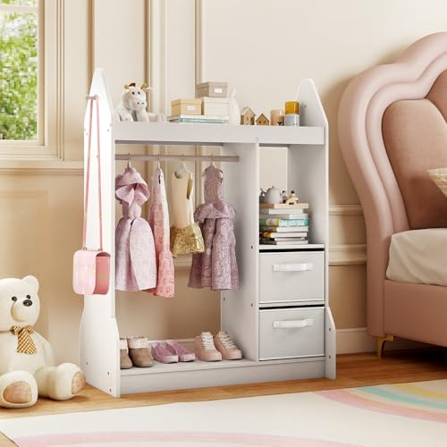 FANTASK Armario Infantil con cajones de Tela, 81 x 38 x 107 cm, con Espejo y Perchero, Perchero de Madera para habitación Infantil, Color Blanco