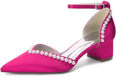 HFWXYSA Chaussures de Mariage à Talon Bloc et Bout Pointu pour Femmes Escarpins en Satin avec Bride à Cheville et Perles Sandales de Soirée Formelles,Fuchsia,35 EU