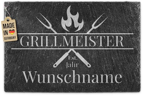 Tassendruck Personalisierte Schieferplatte mit Gravur - Motiv Grillmeister - personalisiert mit Name & Jahr - Vatertagsgeschenk, Geschenk für Papa - 20 x 30 cm