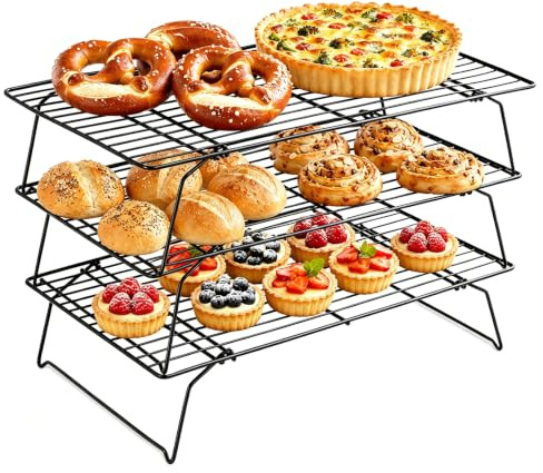 Rejilla plegable para hornear de 3 niveles, soporte de refrigeración con revestimiento antiadherente, ahorro de espacio