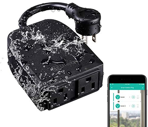 LITEdge Outdoor Smart Plug, WiFi 2-in-1 Plug Power Outlet, Compatible with Google Home & Alexa, APP Cordless Remote Control Smart Outlet Socket, Remote Control, Timer, Waterproof