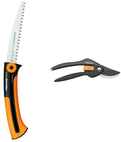 Fiskars grensåg för färskt trä, Grovtandad, Sågbladslängd: 16 cm, Svart/Orange, Xtract, SW73, 1000613 & Fiskars sekatör med sidoskär för färska grenar och kvistar, Svart/Orange, P26, 1000567