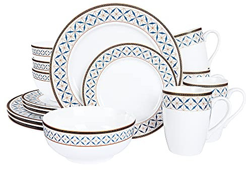 fanquare 16-Teilig Porzellan Kombiservice mit Becher, Tafelservice für 4 Personen, Modernes Geometrisches Muster, Platten, Schüsseln, Schwarzem Goldrand