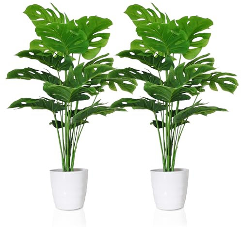 SAJANDAS 2er Set Künstliche Monstera Deliciosa Pflanzen in Kunststofftöpfen, Gefälschte tropische Palme mit grünen Blättern Stielen, Büro, Fensterbank Dekor