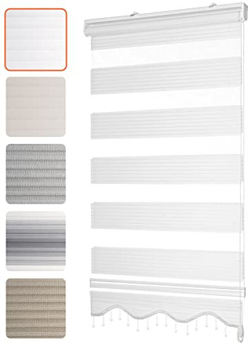 Bailena Doppelrollo ohne Bohren 4in1 Duo Rollo mit Perlen Klemmfix Fensterrollo zum Klemmen Gardine mit Volant Klemmrollo Alpinweiß 60 x 200 cm