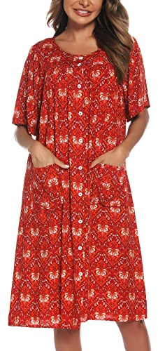 COSUNIONY House Dresses for Women Cotton Short Sleeve House Coat Buttons Down Dusters Robe with Pockets (Red Flower, X-Large…