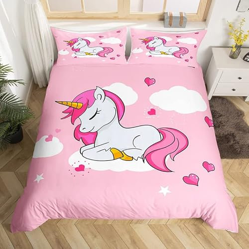 Einhorn Betten Set Mädchen Süßes Einhorn Bettbezug Set Rosa Einhorn Schatz Bettwäsche Set 135x200cm Für Kinder Erwachsene Niedliches Tier Dekor Ultra weich Zimmerdekoration Bettzeug Reißverschluss