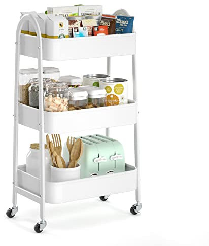 EAGMAK 3 Tier Metal Storage Trolley, Utility Rolling Cart with Handle and Lockable Wheels, Multifunctional Storage Organizer Trolley with Mesh Baskets for Kitchen, Living Room, Office, Garage (White)