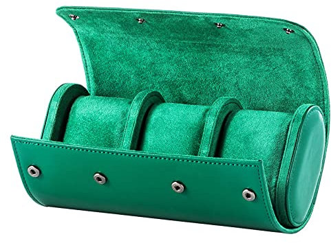 Leeadwaey Uhrenrolle mit 3 Fächern, Reiseetui, PU, klassischer Organizer für Halsketten, Grün