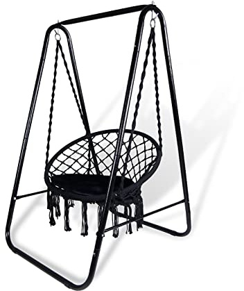 CCLIFE Fauteuil Suspendu à Franges Chaise balancoire siège Suspendu macramé avec Coussins et Pied en Fer pour Interieur et extérieur, Max 100kg,83 x 103 x 155 cm, Color:Noir