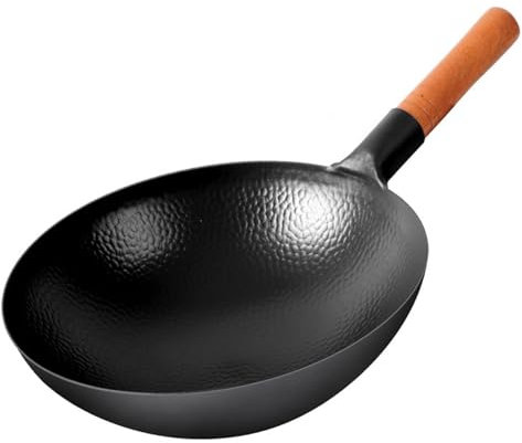 AZHANGYB Padella Acciaio Inox Antiaderente 38cm, Tradizionale A Mano Martellato Acciaio al Carbonio Wok, Padella Professionale per Friggere