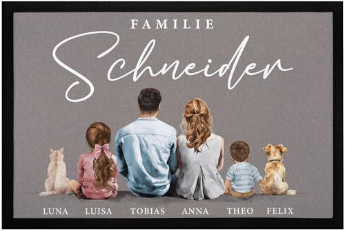 SpecialMe® Fußmatte Familie mit Namen Figuren personalisierbar 1,2,3,4 Kinder Katze Hund Watercolor Aquarell rutschfest & waschbar schwarz 60x40cm