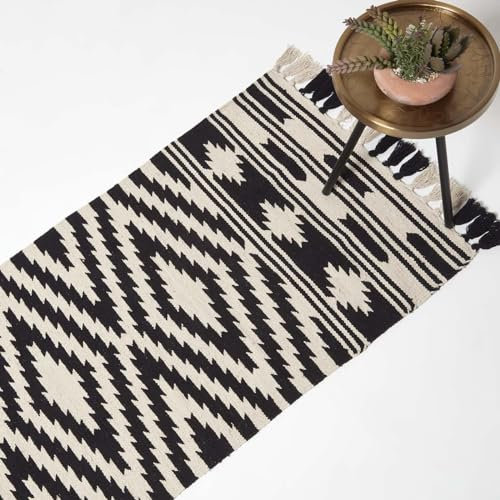 Homescapes Dinan Teppichläufer Rautenmuster schwarz-weiß 66x200 cm, Baumwoll-Läufer waschbar, Kelim Teppich geometrisch