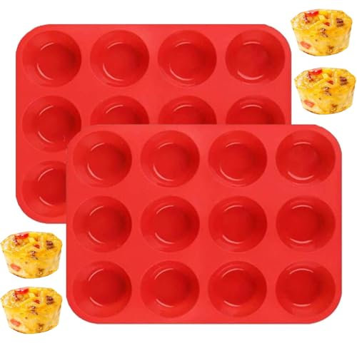 DZCYAOHL 2 PCS Silicone Muffin Trays, 12 Cups Silicone Cupcake Cases, Non Stick Muffin Moulds for Making Muffin Cakes Cupcakes Bakeware,Red Baking Moulds for Muffin.