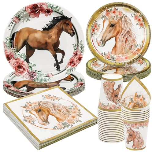 PARTY GO 96 Stück Derby Horse Pappteller Servietten Tassen für Pferd Party Dekorationen Geburtstag Party Supplies Geschirr Dekor Platten Set Serve 24 Gäste