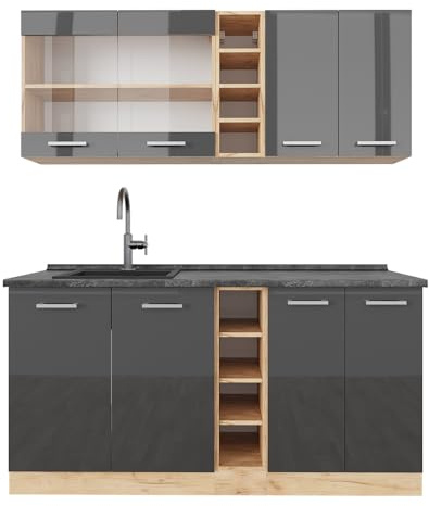 Vicco Singleküche R-Line, Anthrazit Hochglanz/Goldkraft Eiche, 160 cm, AP Anthrazit